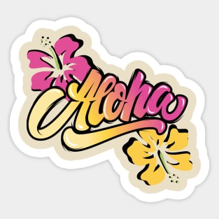 hawaiin inspired aloha with orange and pink hibiscus flowers Sticker